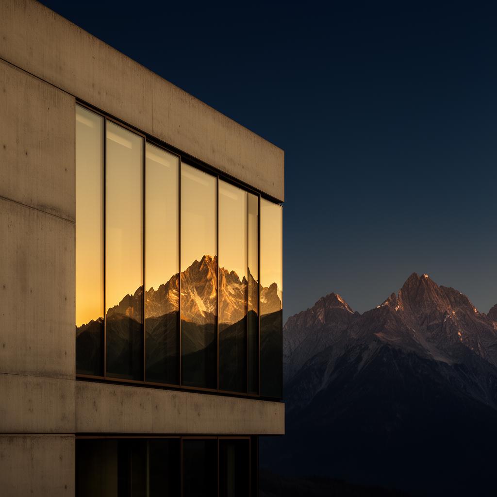 Modern concrete building with alpine peaks reflected in glass facade